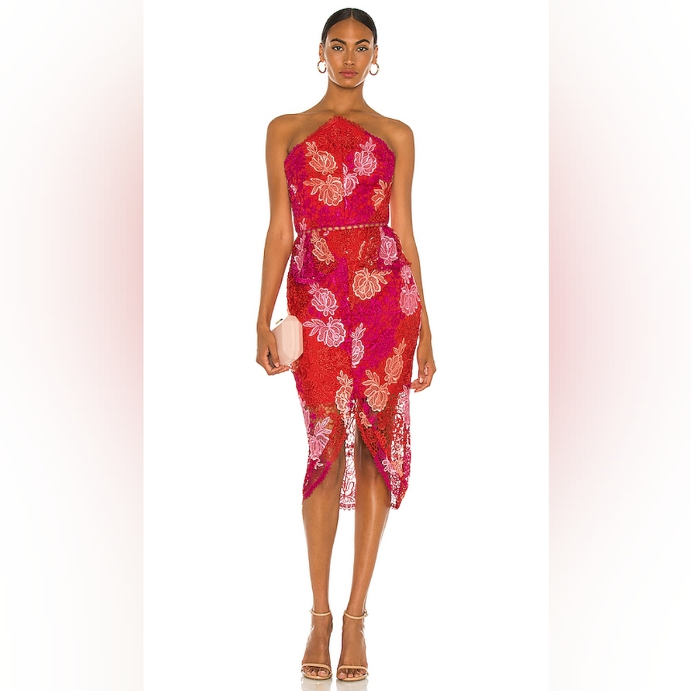 Elliatt Red and Pink Floral Asymmetrical Lace Midi Dress with Front Slit